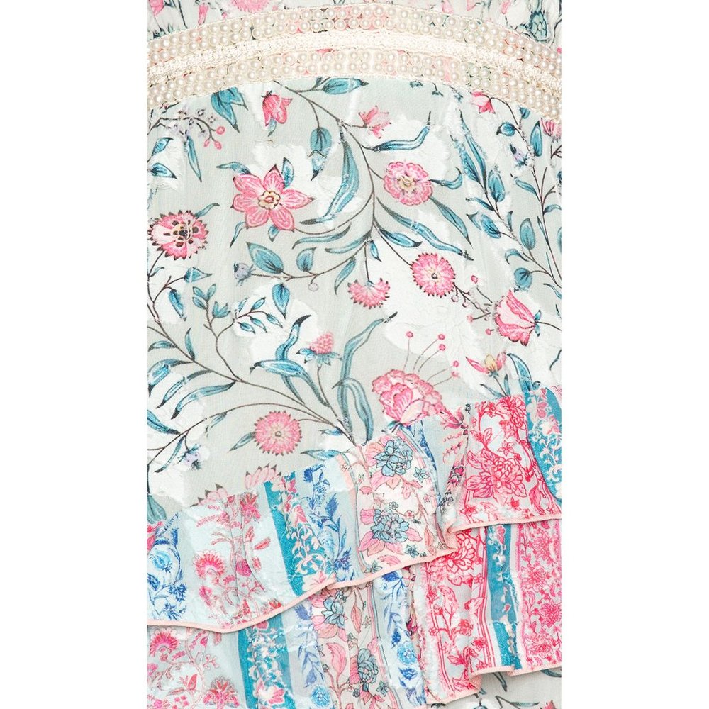 Hemant and Nandita Floral Ruffled Asymmetric Midi Dress in White, Pink, Blue - Picture 5 of 14